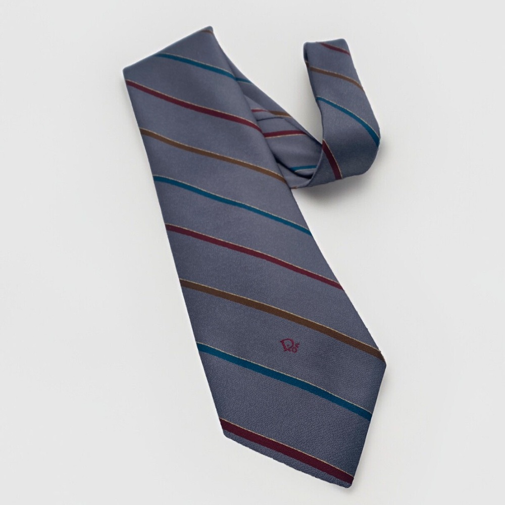 Christian Dior Vintage Embroidered Logo Tie Striped Gray 1980s Ivy League Men